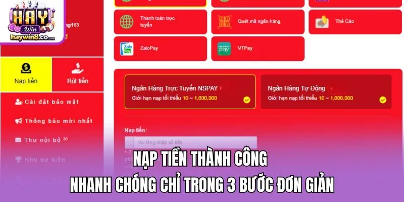 Nạp tiền thành công nhanh chóng chỉ trong 3 bước đơn giản